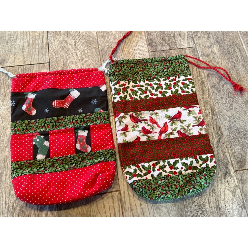 Set of 2 Handmade Fabric Cloth Christmas Bags Holiday Drawstring Totes Sack Gift